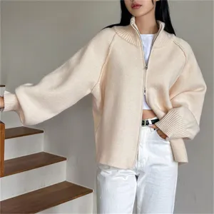 Casual loose-fit zip-up knit cardigan, high collar, comfortable daily wear, soft fabric.