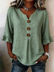 Women's summer V-neck cotton linen button-down top with ruffle half sleeves and wooden buttons.