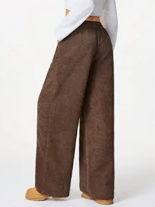 High waist brown corduroy wide leg pants for women, casual loose lounge trousers with drawstring.
