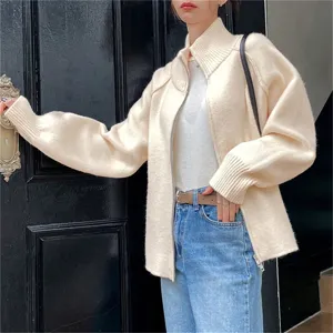 Casual loose fit zip-up knitted cardigan sweater for women autumn winter daily wear