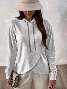 Casual knit irregular double-sided velvet drawstring loose hoodie, comfortable daily wear.