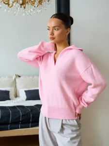 Damen rosa Strickpullover langarm lose Freizeit Oberteil elegante Winterbekleidung