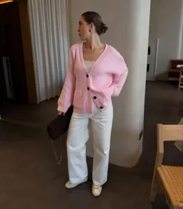 Women pink V-neck single-breasted knit cardigan casual warm cozy outerwear apparel
