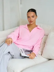 Damen rosa V-Ausschnitt Strickpullover, lässiger Langarm Pullover, bequeme Alltagsmode.