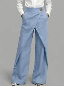 Hellblaue Damen Baumwoll-Leinen-Hose mit hohem Bund und modischem Wickel-Design für Sommer