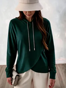 Dark green crossover fleece hoodie with drawstring and asymmetric hem for women.