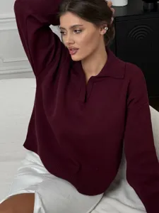 Mujer jersey de punto burdeos cuello polo manga larga elegante otoño invierno casual diario