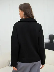 Schwarzer Damen Strickpullover mit Polokragen, lässiger Langarm Herbst Winter Pullover.
