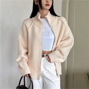 Beige high-neck zip knit cardigan for women, casual autumn and winter daily fashion apparel detail.