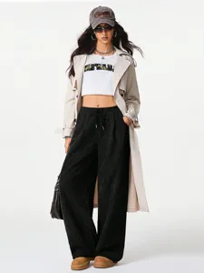 Details of high-waist corduroy wide-leg pants, comfortable casual loose fit trousers.