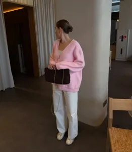 Women pink oversized knitted cardigan V-neck single-breasted sweater coat warm autumn winter
