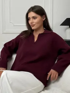 Jersey de punto holgado rojo oscuro para mujer con cuello en V de solapa manga larga elegante