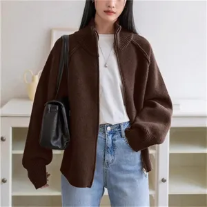 Detail view of women's brown zip knit cardigan, high collar casual sweater top for daily wear.
