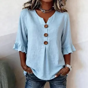 Summer casual women's V-neck linen blouse with buttons and ruffled sleeves, light blue