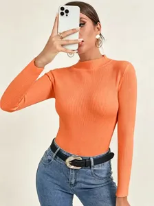 Women's orange ribbed mock neck long sleeve sweater slim fit knitwear top basic pullover
