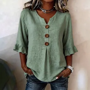 Women V-Neck Cotton Linen Blouse Summer Casual Button-Up Half Sleeve Ruffle Tops