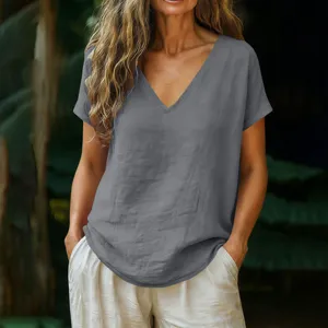 Casual loose V-neck short sleeve linen women t-shirt for spring and summer daily wear.