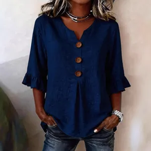 Women's V-Neck Cotton Linen Blouse Casual Button Up Ruffle 3/4 Sleeve Summer Top Blue