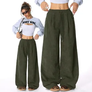 High waist casual wide leg corduroy pants with drawstring, comfortable loose draped fit for women.