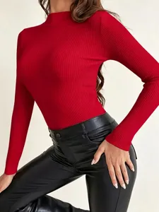 Women red ribbed mock neck long sleeve slim fit knit sweater pullover top for autumn winter