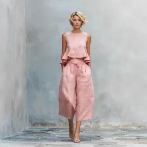 Women Casual Sleeveless Crop Top And High Waist Wide Leg Pants Solid Color Summer Outfit Top And Bottom