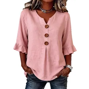 Women's V-Neck Cotton Linen Blouse Summer Casual 3/4 Ruffle Sleeve Button Shirt
