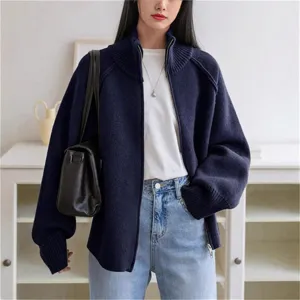 Women's casual zip-up knitted cardigan sweater, autumn winter loose stylish outerwear top.
