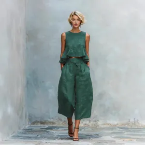 Women's Summer Linen Blend Two Piece Set Sleeveless Ruffle Top Wide Leg Pants Green