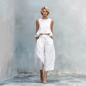 Women white linen two piece set summer sleeveless crop top and wide leg culottes main view