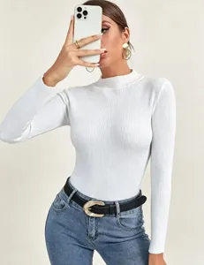 White ribbed mock neck sweater, slim fit long sleeve knitwear top, comfortable daily wear.