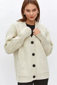 Cárdigan de punto para mujer cómodo con botones negros, suéter de invierno de manga larga.