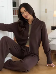 Detail view of women brown knit zip cardigan and matching wide leg pants casual two piece set.