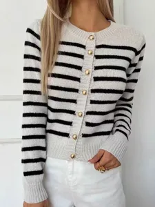 Dames Gestreept Gebreid Cardigan Lange Mouwen Met Gouden Knopen Trui Jasje Top