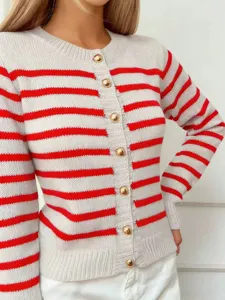 Dames Gestreepte Gebreide Vest Trui Lange Mouwen Gouden Knoppen Casual Mode Stijl