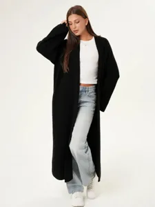 Lang zwart gebreid vest voor dames, casual oversized open trui jas voor de winter.