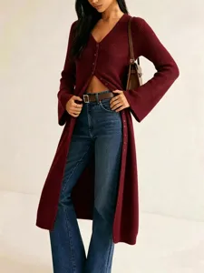 Damen langer Strickcardigan V-Ausschnitt Knopfleiste Herbst Winter Pullover Mantel elegant