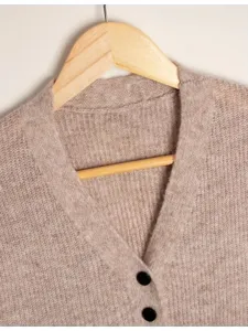 Damen V-Ausschnitt langer Strickcardigan einfarbig einreihig Freizeit Pullover Detail.
