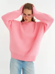 Maglione in maglia rosa da donna, pullover casual ampio a maniche lunghe per autunno inverno.