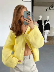 Cardigan de punto suelto y casual para mujer con bolsillos, moda de otoño elegante.