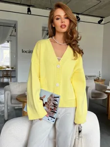 Cardigan de punto amarillo con cuello en V para mujer, jersey casual manga larga con bolsillos.