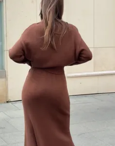 Vue détaillée d'un ensemble pull et jupe en tricot marron décontracté, style dos.