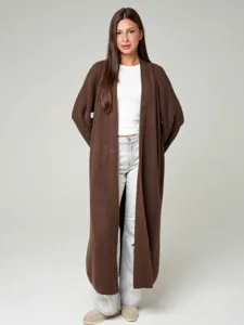 Lang bruin gebreid vest voor dames, gezellige open truimantel, casual bovenkleding voor dagelijks.