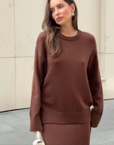 Ensemble pull et jupe en tricot marron femme ample decontracte manches longues automne