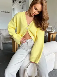 Cárdigan de punto amarillo para mujer, suéter holgado con cuello en V y bolsillos.