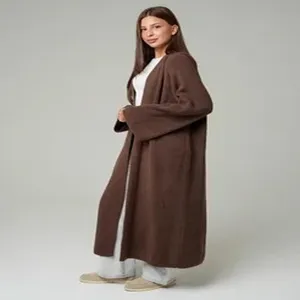 Dames lang bruin gebreid vest gezellig casual herfst winter open front oversized trui jas