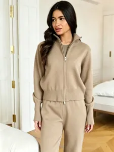 Khaki knit zip cardigan and trousers two piece set, casual chic autumn winter lounge outfit.