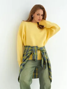 Donna maglione in maglia giallo morbido pullover largo top elegante per tutti i giorni