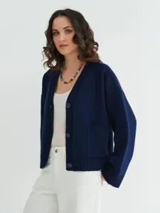 Cárdigan de punto para mujer, chaqueta casual de manga larga y cuello en V con bolsillos.