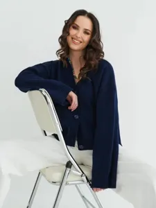 Cárdigan de punto azul marino para mujer, ajuste holgado y cómodo, suéter de otoño.
