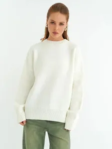 Donna elegante morbido maglione di maglia bianco maniche lunghe girocollo top inverno